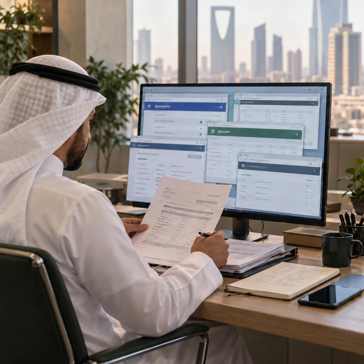 Saudi business owner reviewing company papers with several government portals open on screen, Riyadh skyline behind