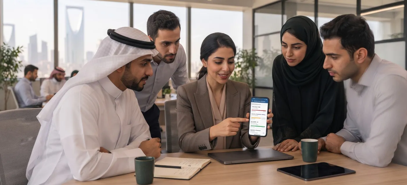 Saudi founder with the team checking licence renewals on a phone