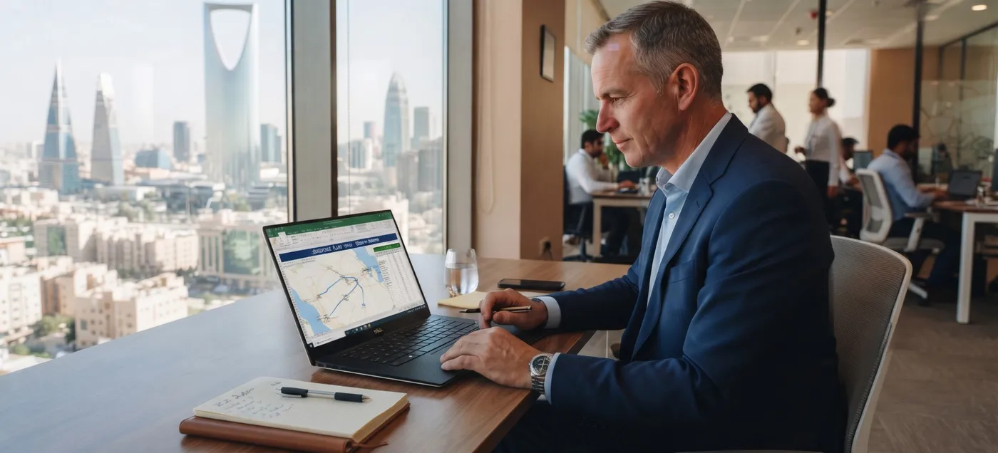 Foreign investor reviewing the company route on a laptop in a Riyadh office