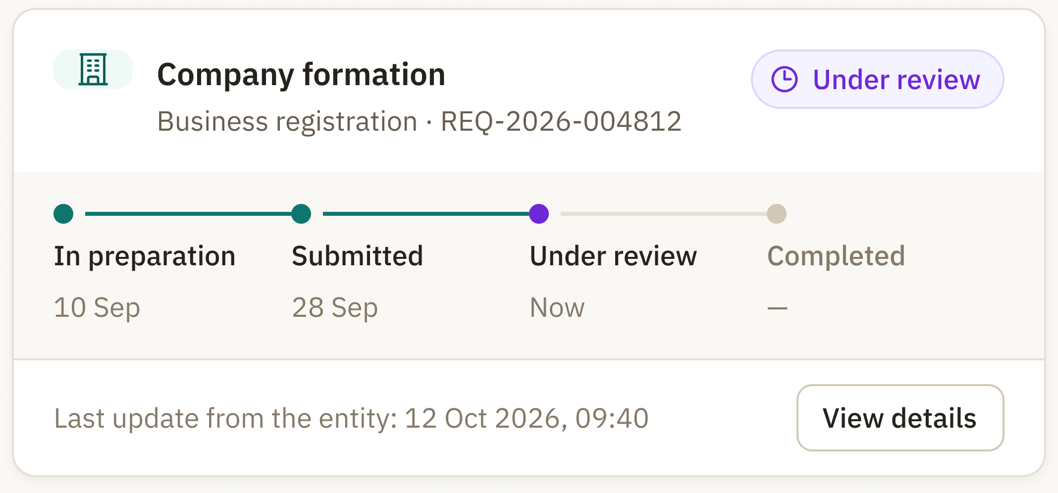 Company formation request under review with timeline and last update from the authority