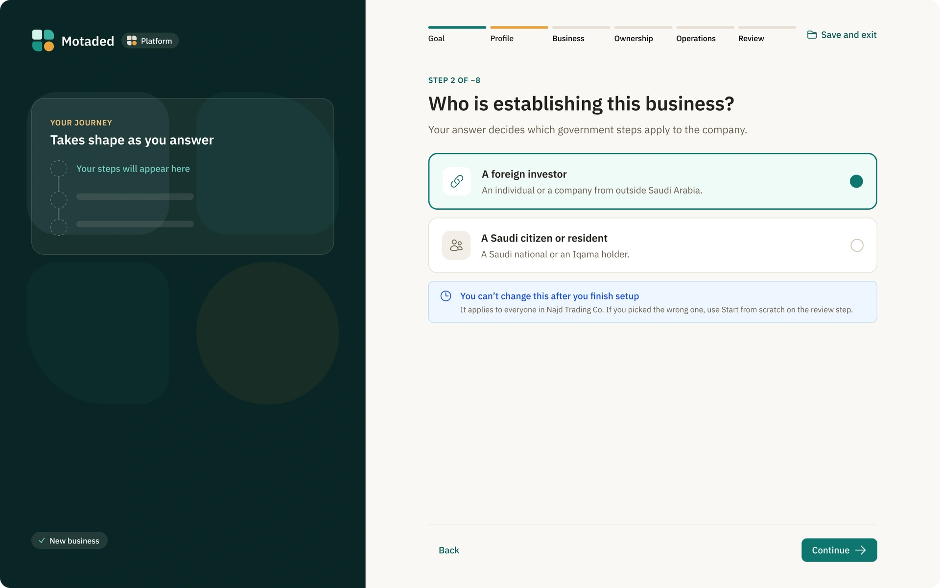 Platform setup questions about company type and activity