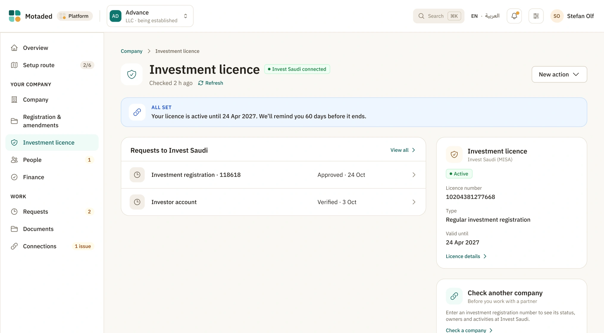 MISA investment licence summary with conditions and renewal tracking